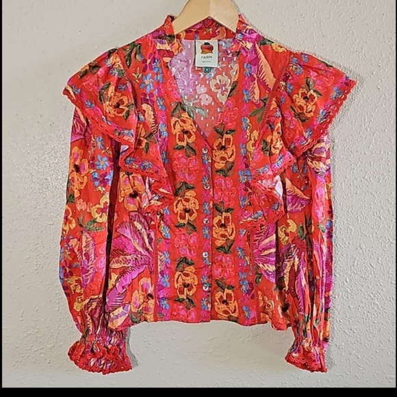 Farm Rio Red Ruffle Sleeve Blouse - Picture 9 of 10